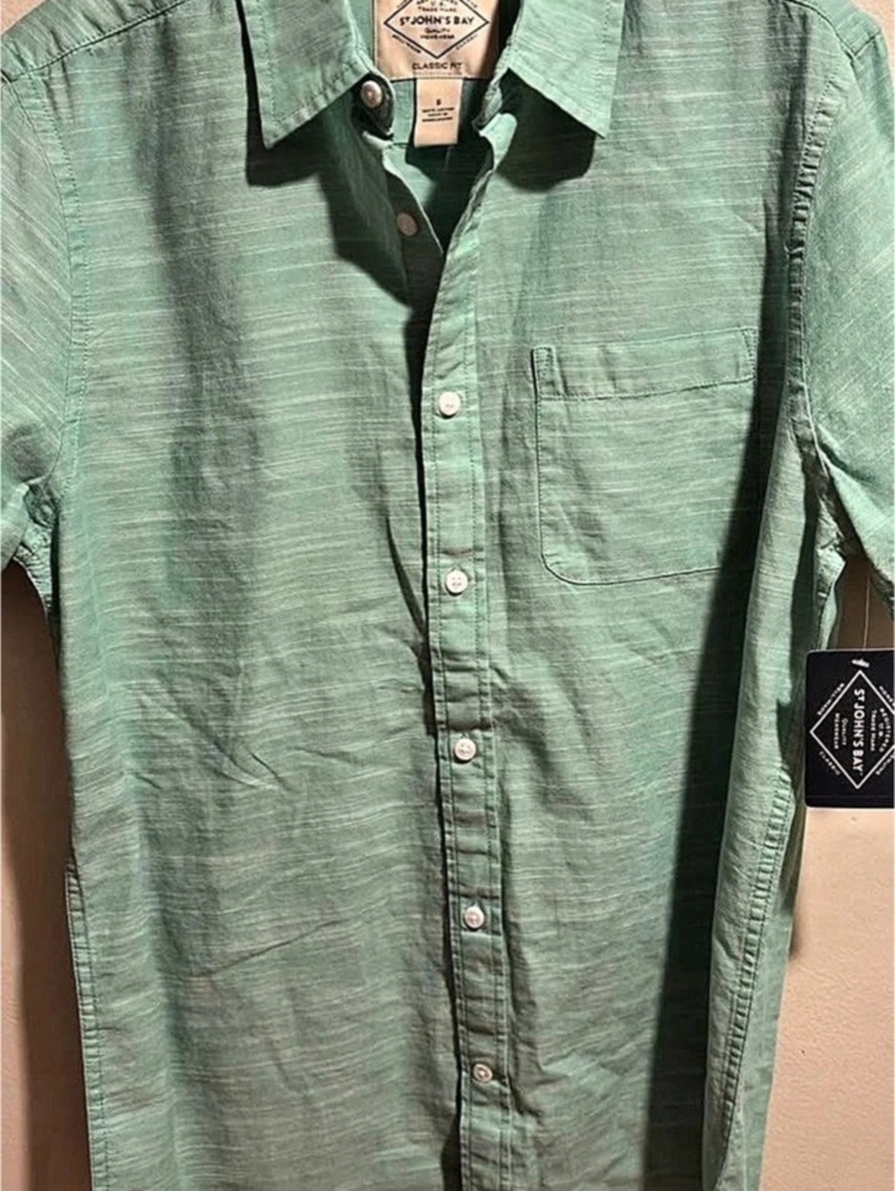St John’s Bay Classic Fit Short Sleeve Button Down Shirt Mint Swirl Size Small
